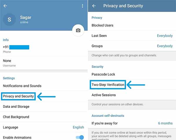 فعالسازی رمز دو مرحله ای تلگرام در گوشی