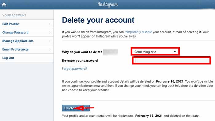حذف اکانت اینستاگرام از طریق سایت