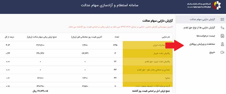 ویرایش پروفایل سهام عدالت