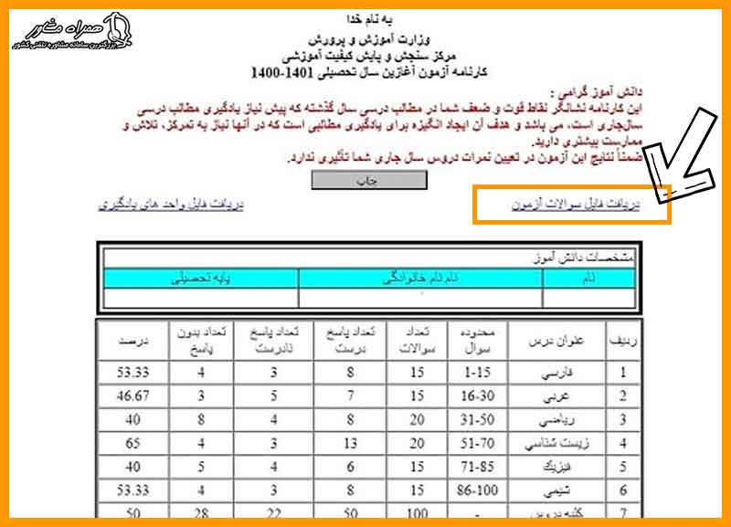 مشاهده نمرات آزمون آغازین