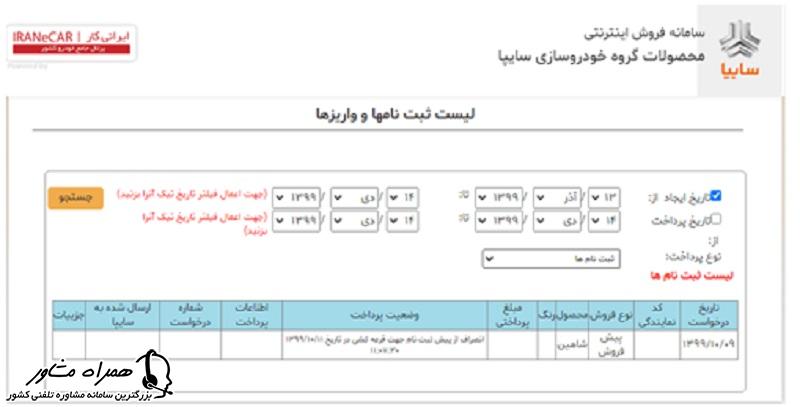 لیست ثبت نامها و واریزها در سایت سایپا