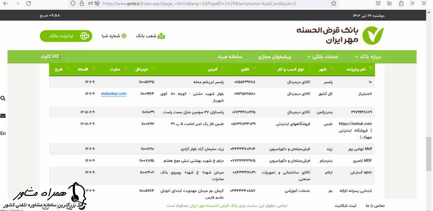 لیست پذیرندگان کالا کارت بانک مهر ایران
