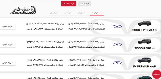 لیست قیمت محصولات مدیران خودرو اقساطی